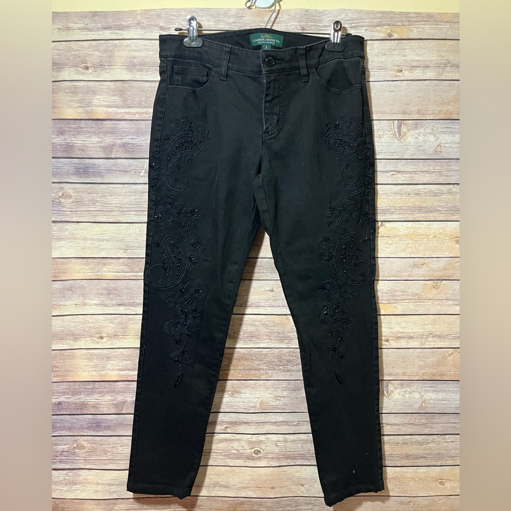Ralph Lauren Women’s Black Denim Embroidered Beaded Jeans Size 8 E7